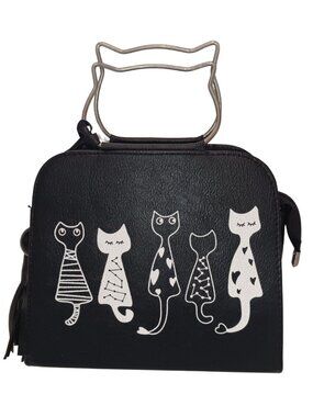 SHEIN Black and White Multiple Cats Metal Cat Shaped Handle Zipper Top Purse